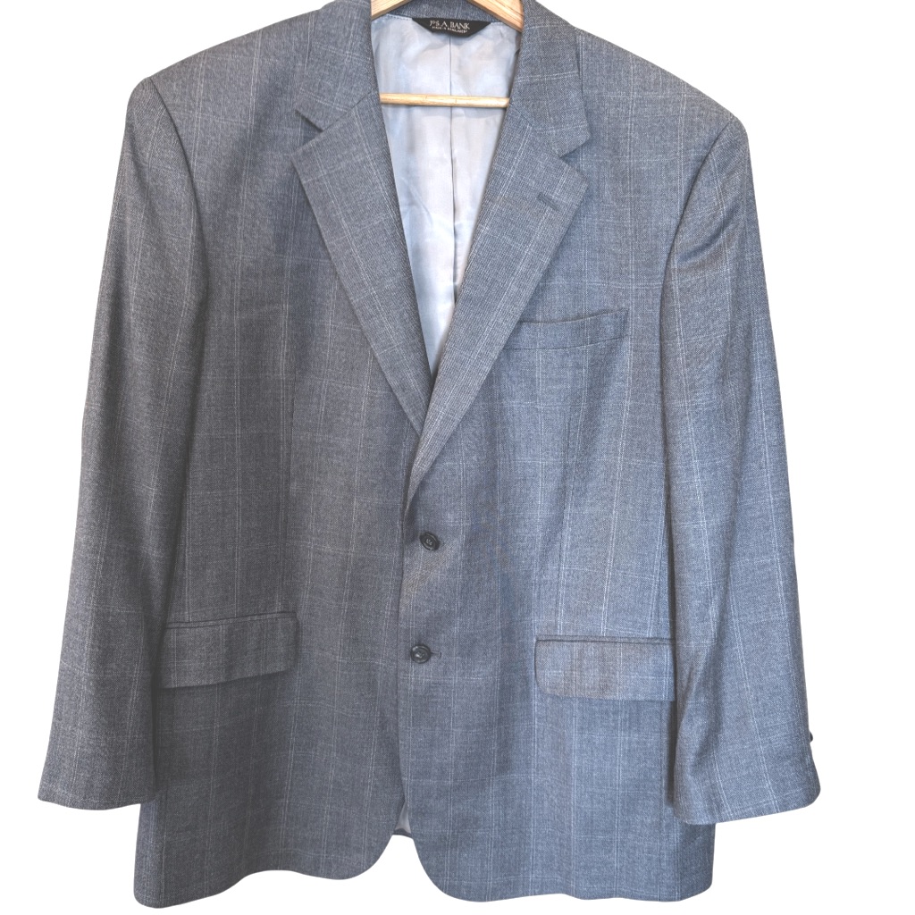 Jos. A. Bank 46r Mens Sport Coat Blazer Jacket Gray Windowpane 52% Silk 48% Wool